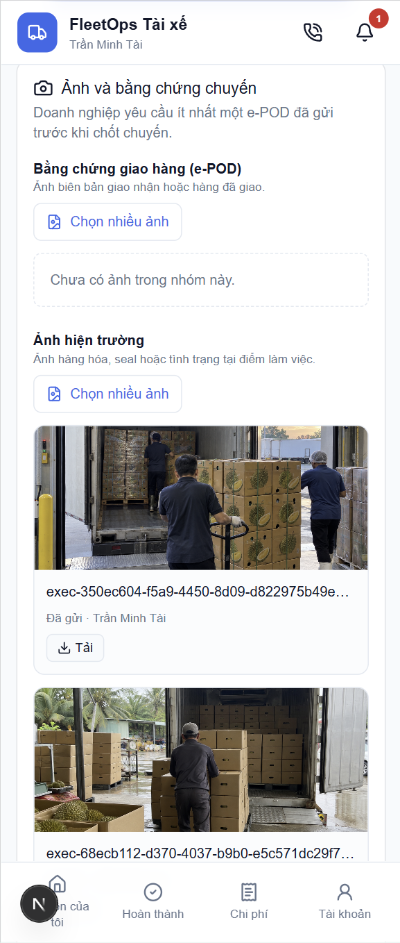 App Tài xế — Bằng chứng giao nhận e-POD và ảnh hiện trường